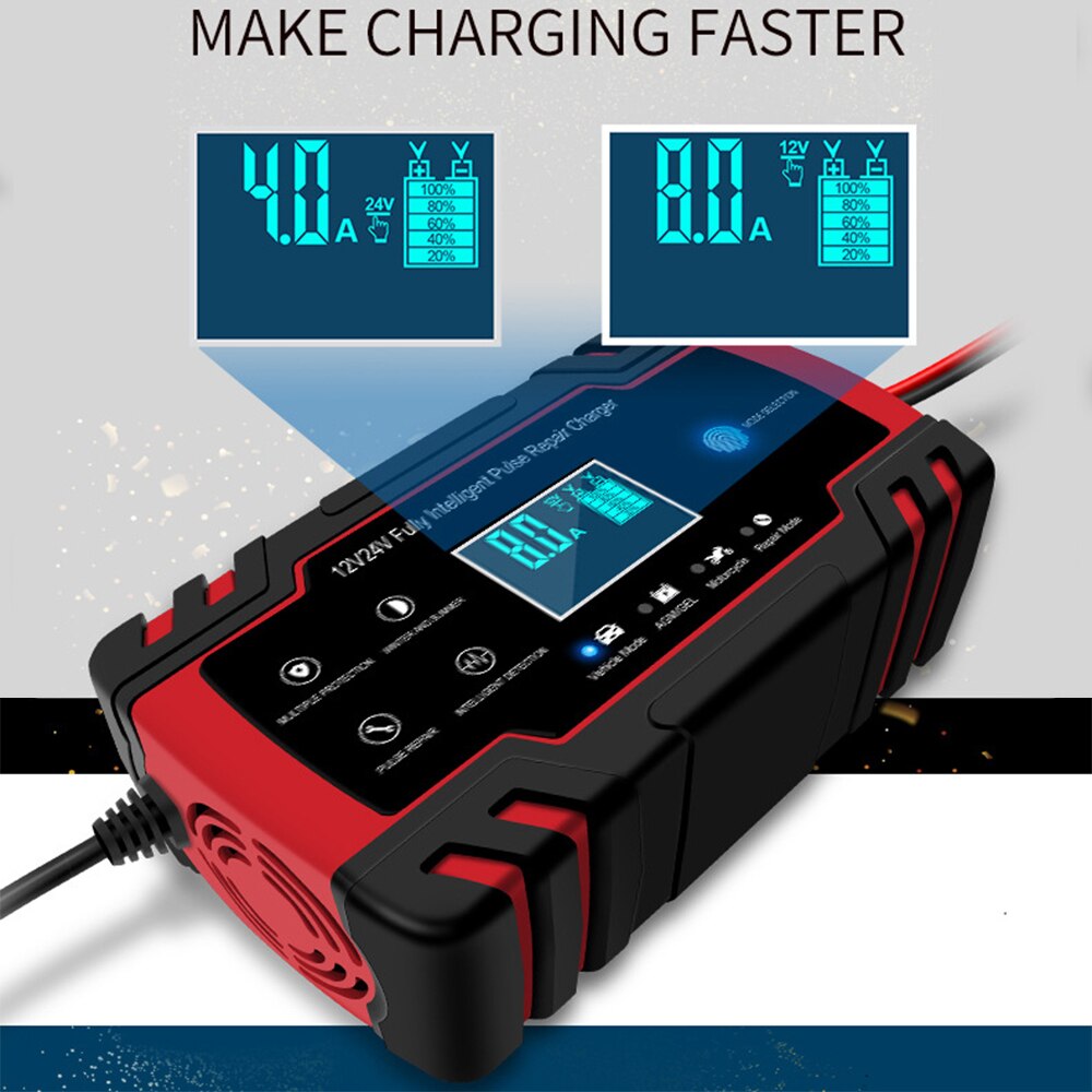 Car Battery Charger 12/24V 8A Touch Screen Pulse Repair Fast Power Charging Wet Dry Lead Acid Digital LCD Display