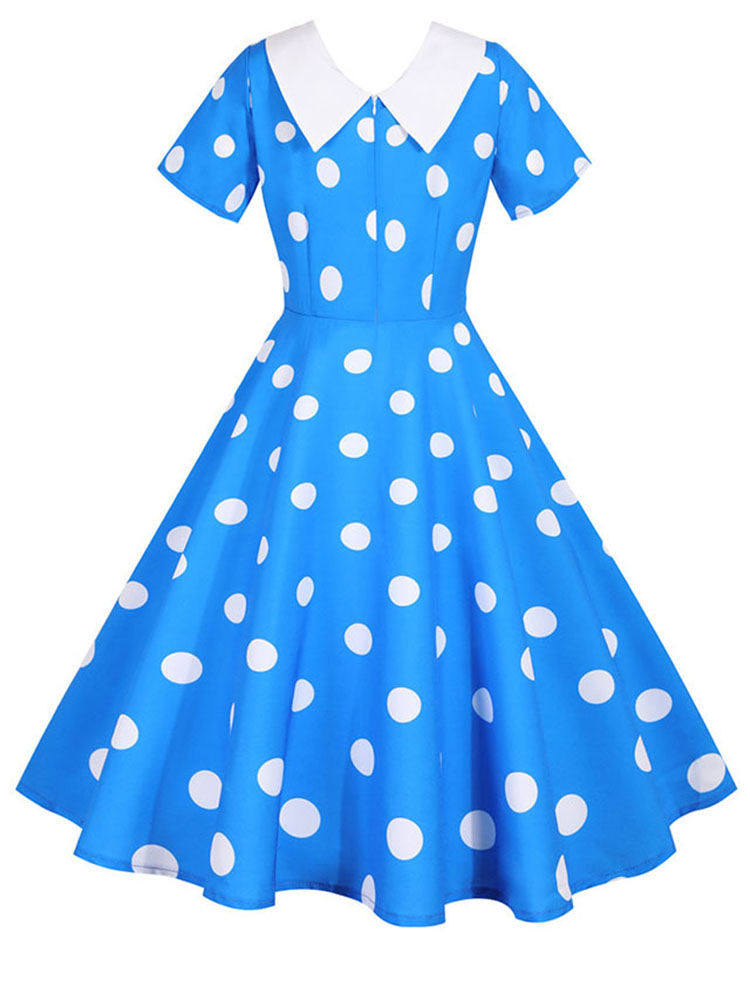 Robe d'été Vintage à pois pour femmes, col Peter Pan, ligne a, taille haute, manches courtes, élégante, vêtements rétro: S / BLEU CIEL