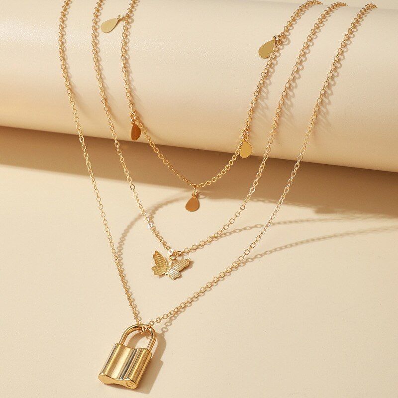 Butterfly Retro Layered Pendant Padlock Necklace Choker Jewelry for Women Girl Party BMF88
