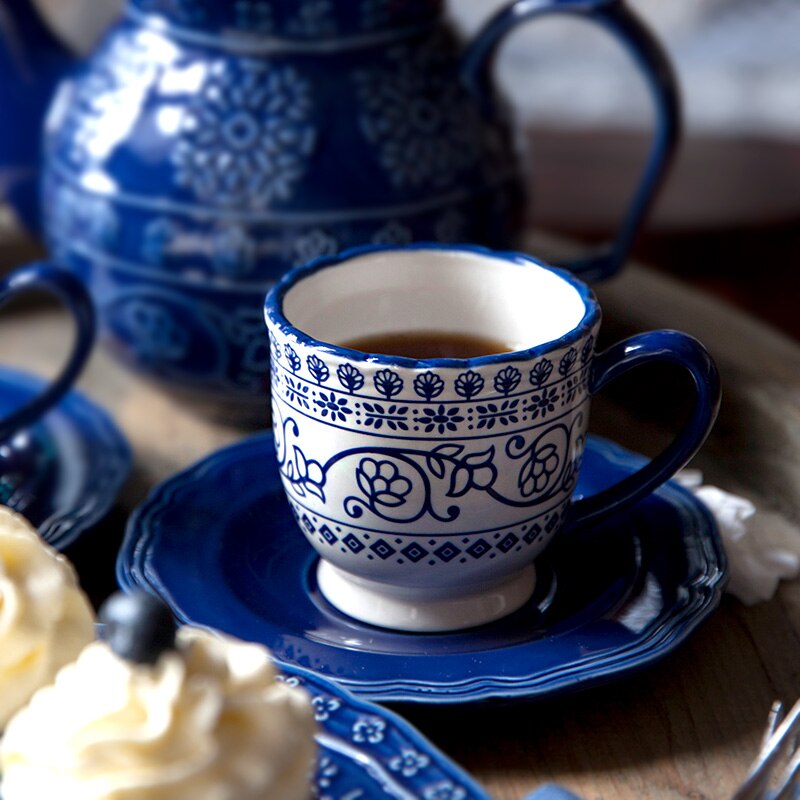 Dishes and plates Blue embossed flower dinner plate and coffee pot