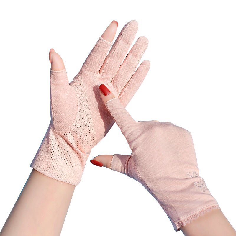 Zomerhandschoenen voor dames met zonbescherming, halfvingerige handschoenen van puur katoen, ademend, antislip, geschikt voor touchscreen, fietshandschoenen.: Babyroze