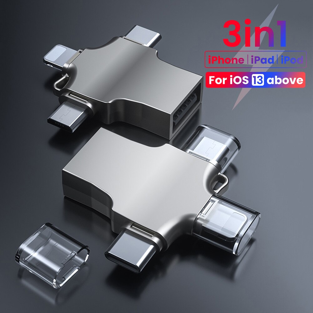 3 In 1 Otg Adapter Voor Iphone Usb 3.0 Female Naar Micro Usb Type C 8Pin Mannelijke 3in1 2in1 Otg connector Converter Voor Ios 13 Boven