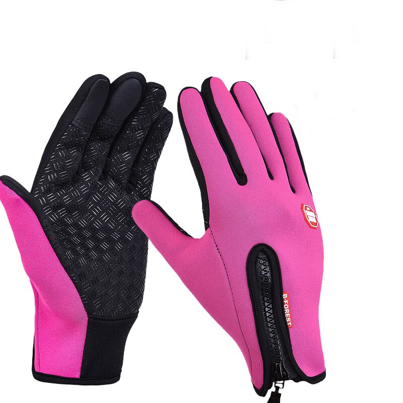 Cykling unisex varma handskar vinter vindtäta full finger handskar utomhus bergsklättring fleece pekskärm vantar: Rosröd / Xl