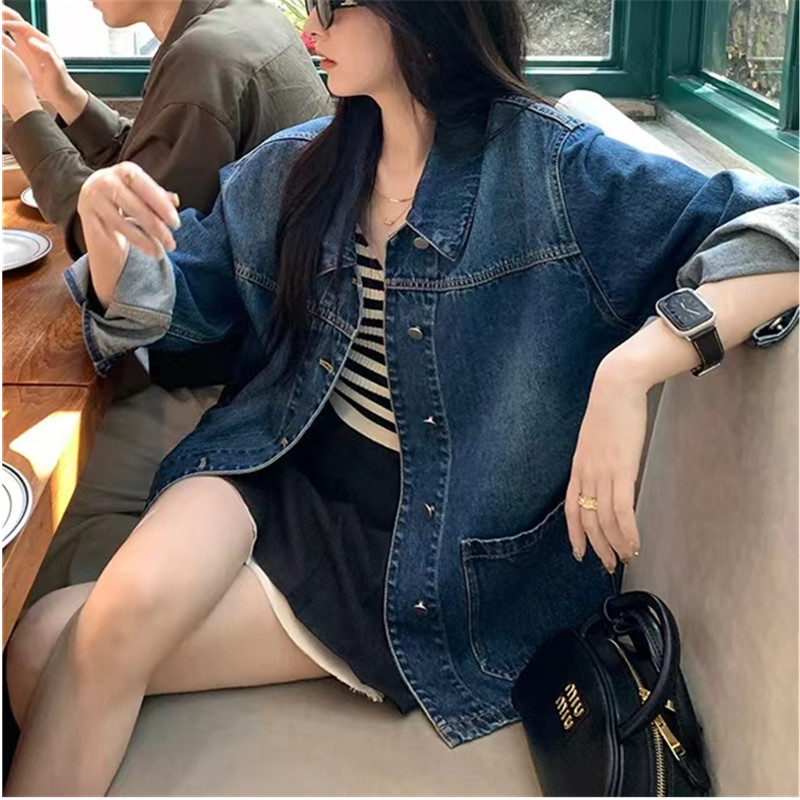 Cropped denimjakke efterår klassisk løs vasket bomuld blå jeansjakke dametøj i overtøj
