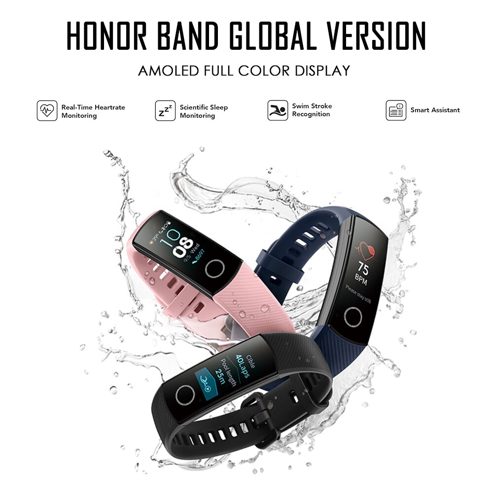 Honor Band 4 Global Version Smart Wristband Amoled Color Black Blue Pink Waterproof Touchscreen Sleep Fitness Tracker Heart Rate