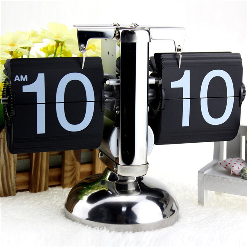 Retro Flip Clock Stainless Steel Small Scale Table Clocks Home Desktop Flip Internal Gear Operated Quartz Clock