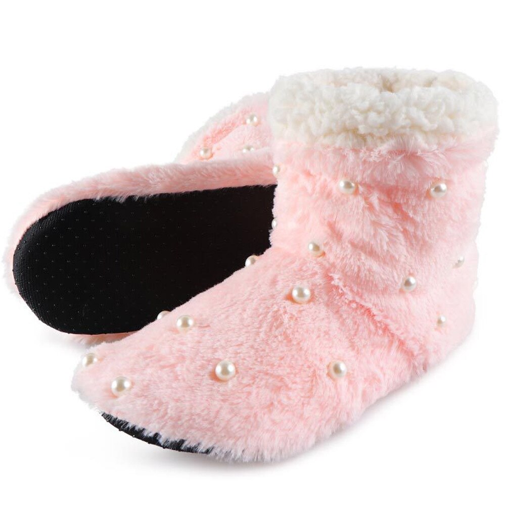 Nyaste kvinnor dam tofflor stövlar plysch mjuk varma fleece golvstrumpor tossor pärla golv skor