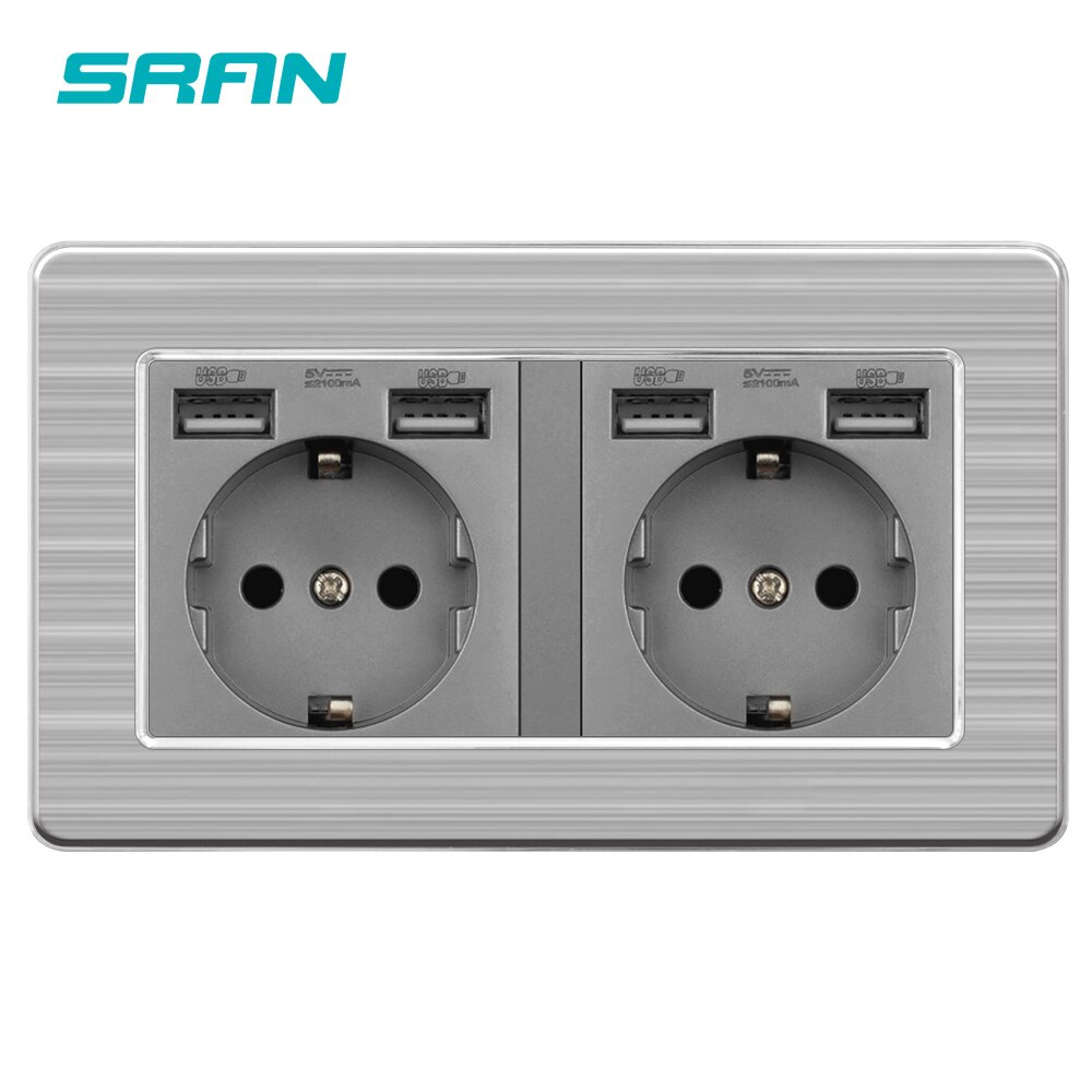 SRAN Wall 16A EU Standard Multi Way power socket with usb outlet strip 146mm*86mm stainless steel panel: Gray 146A2