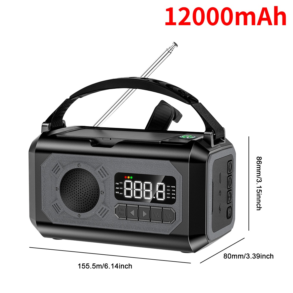 12000 mAh kleines tragbares Radio, Solarmodule, Notfallradio, Überleben mit Kurbel, wiederaufladbare Multifunktions-Taschenlampe, Powerbank