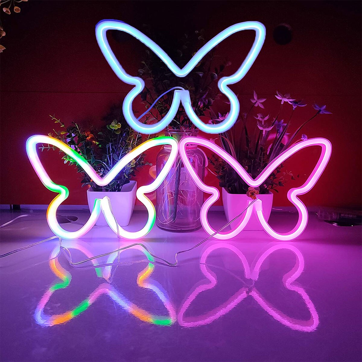 Luces LED de neón con forma de mariposa, lámpara de señal de luz nocturna alimentada por batería o USB, luz de bebé para interiores, Navidad, boda, cumpleaños