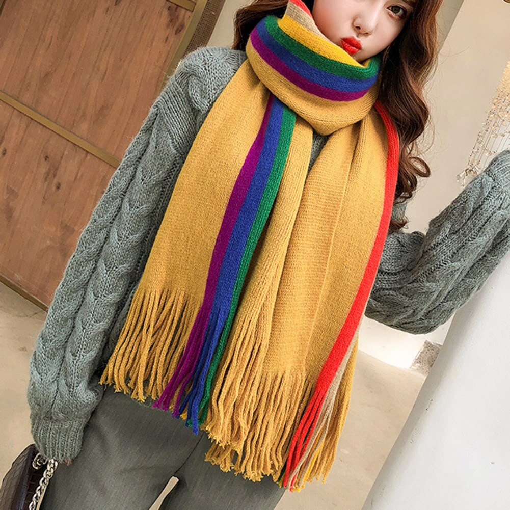 Warme regenboog dames meisjes sjaals omslagdoeken kwastjes lange gebreide sjaal multifunctionele sjaal lxh: Geel