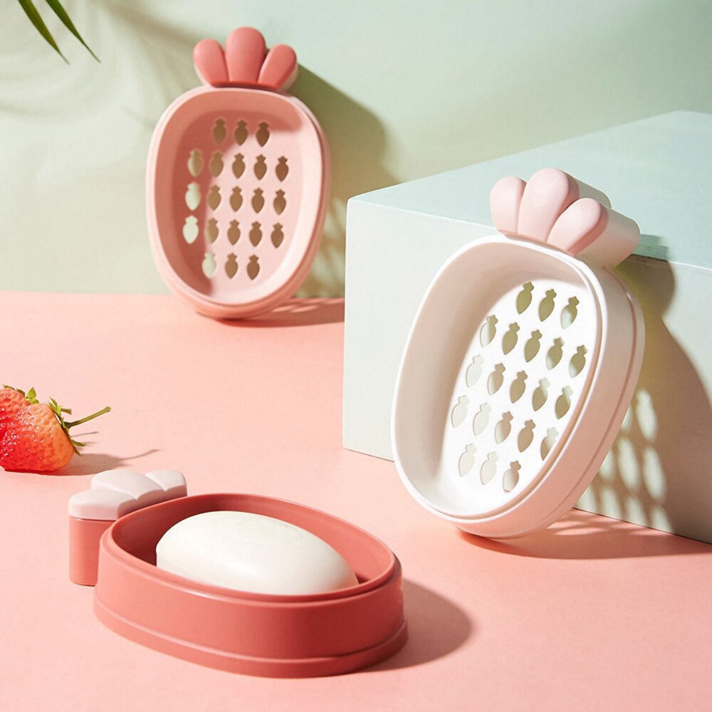 Plato de soporte para jabón con forma de zanahoria y dibujos animados, caja de jabón de doble capa para baño, bandeja antideslizante, accesorios para el baño