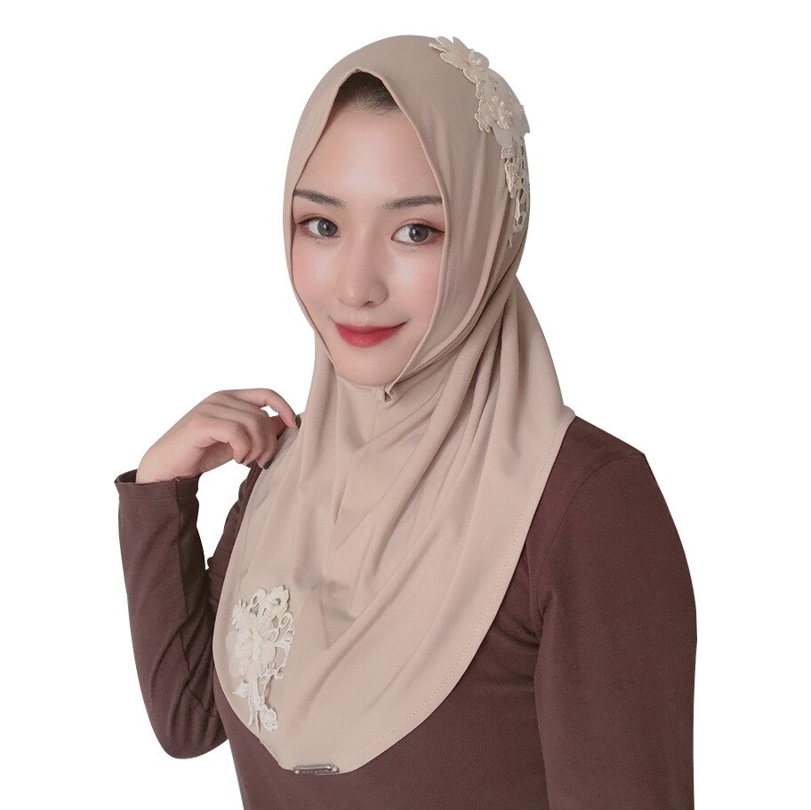 Muslim Headscarf Floral Lace Embroidery, Women's Summer Veil,spandex Elastic Instant Hijab Wrap: khaki