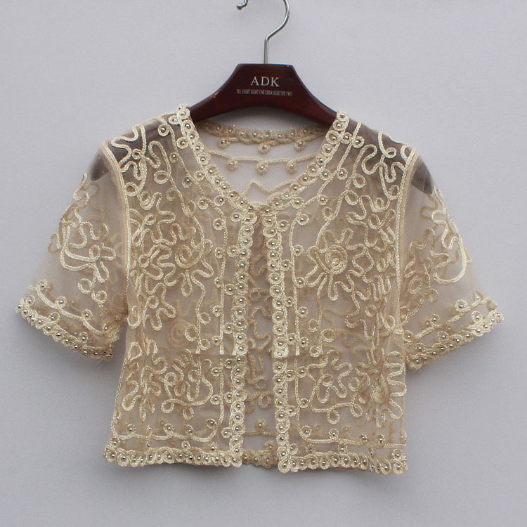 Frauen Grundlegende Mantel Stickerei Band Perlen Verschönert Kurzarm Strickjacke Sehen-Durch schier Spitze Gittergewebe Bolero oben Jacke: Beige / L