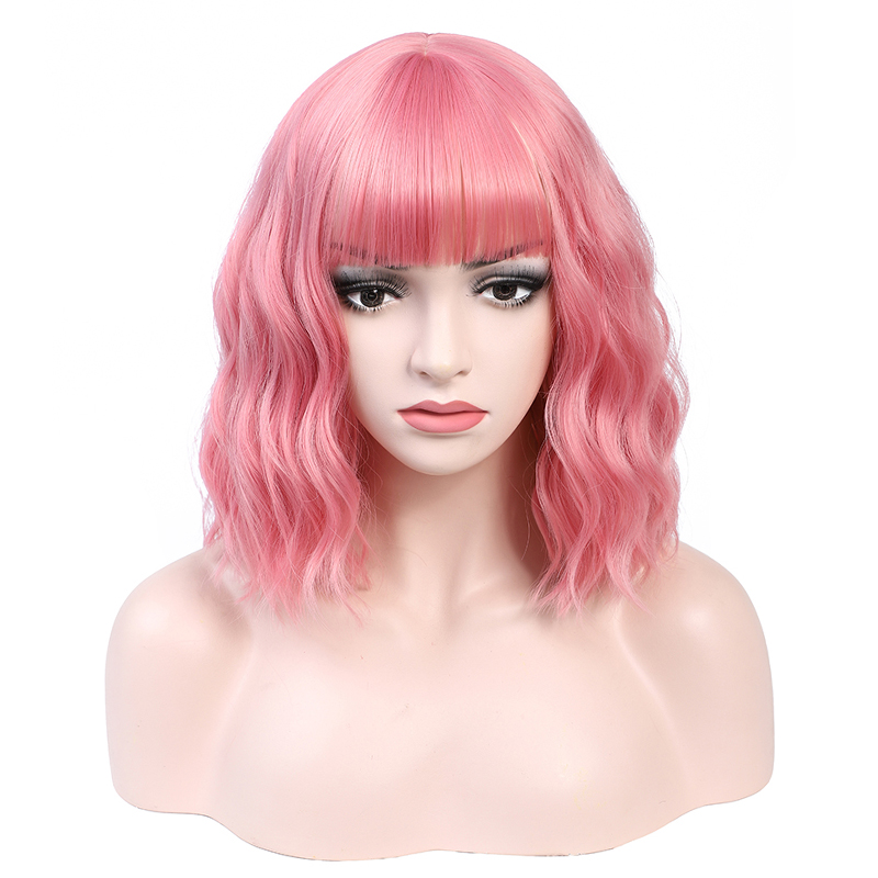 Perucas de cabelo curto ondulado sintético da onda de água com franja fibra resistente ao calor cosplay peruca de cabelo diário preto vermelho azul claro: Pink