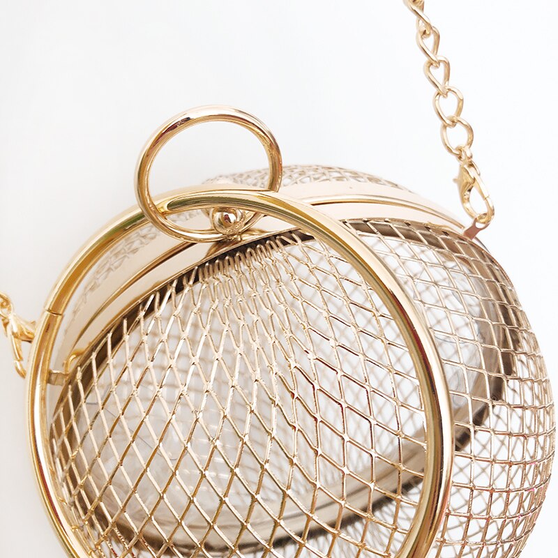 Metal Ball Women Shoulder Bag Gold Cages Round Hollow Clutch Luxury Wedding Party CrossBody Purse Handbag Travel Beach Bags