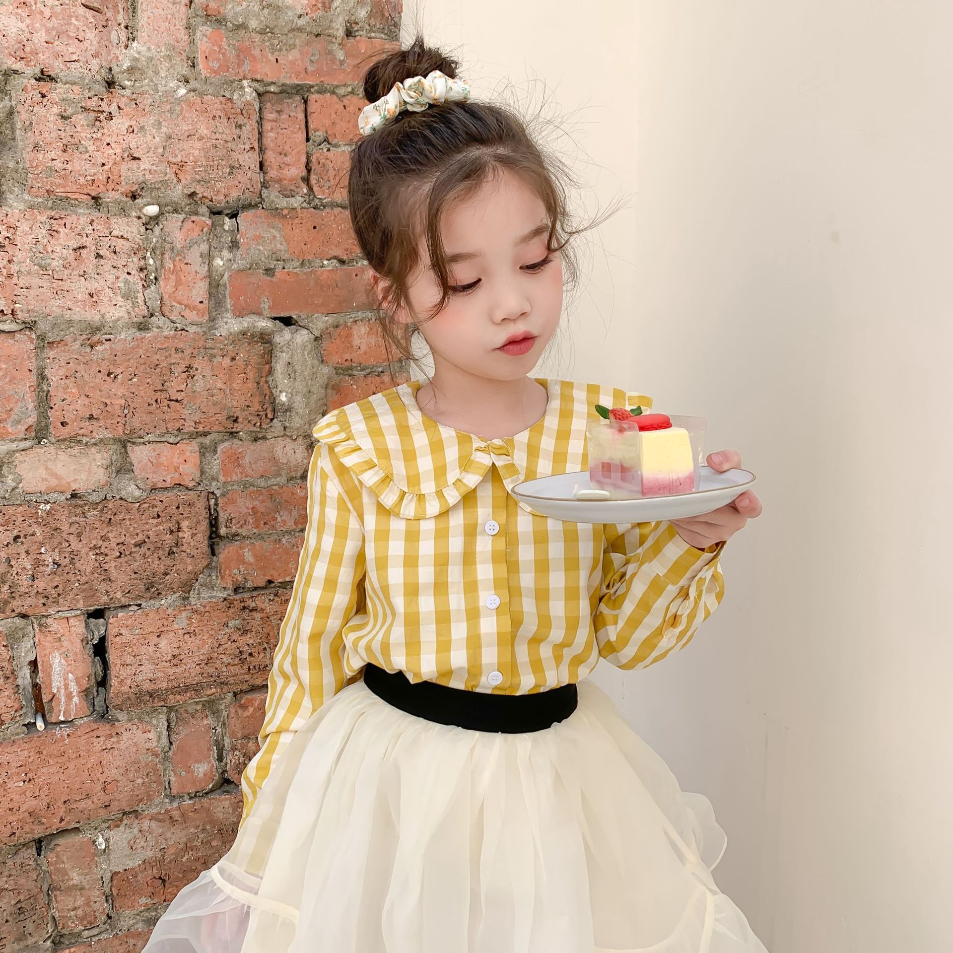 Spring Girls Long Sleeve Plaid Blouses Kids Cotton Blouses Kids Blouse: Yellow / 6T