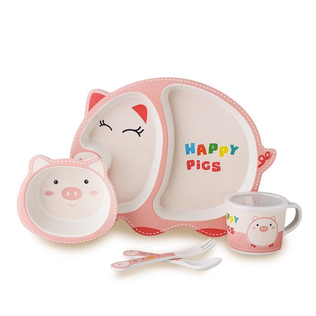 Juego de vajilla de fibra de bambú para bebés, juego de 5 unidades de platos para bebés, plato con separación de dibujos animados para niños, Bol, tenedor, cuchara, vasos, suministros de alimentación: pig