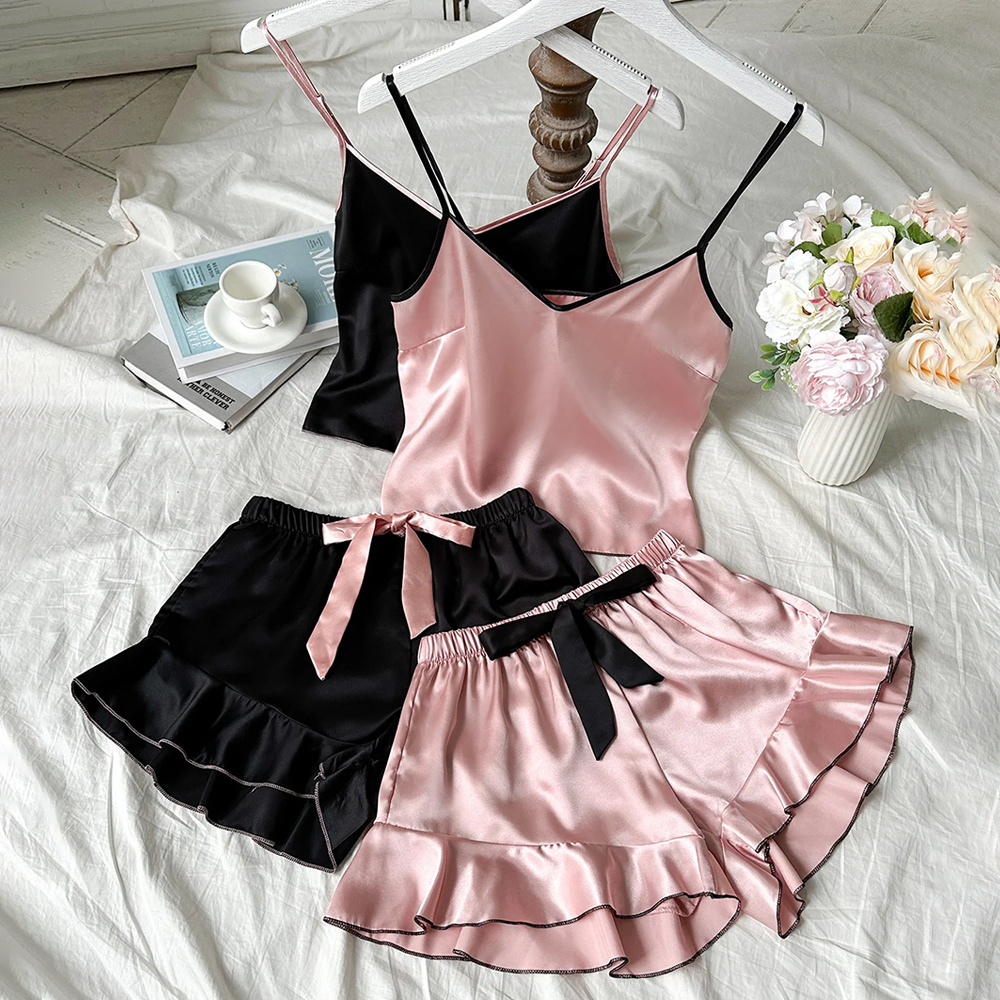 Pijama feminino de cetim liso, camiseta com decote em v, bordas com babados e shorts com laço, conjunto de pijama simples e respirável, roupas para casa