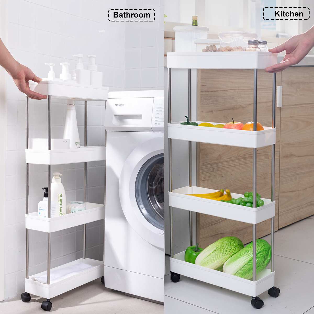 4 Tier Bathroom Storage Rack 3/4 Layers Kitchen Narrow Cabinet Living Room Gap Shelf Home Furniture Movable Wheels Shelf