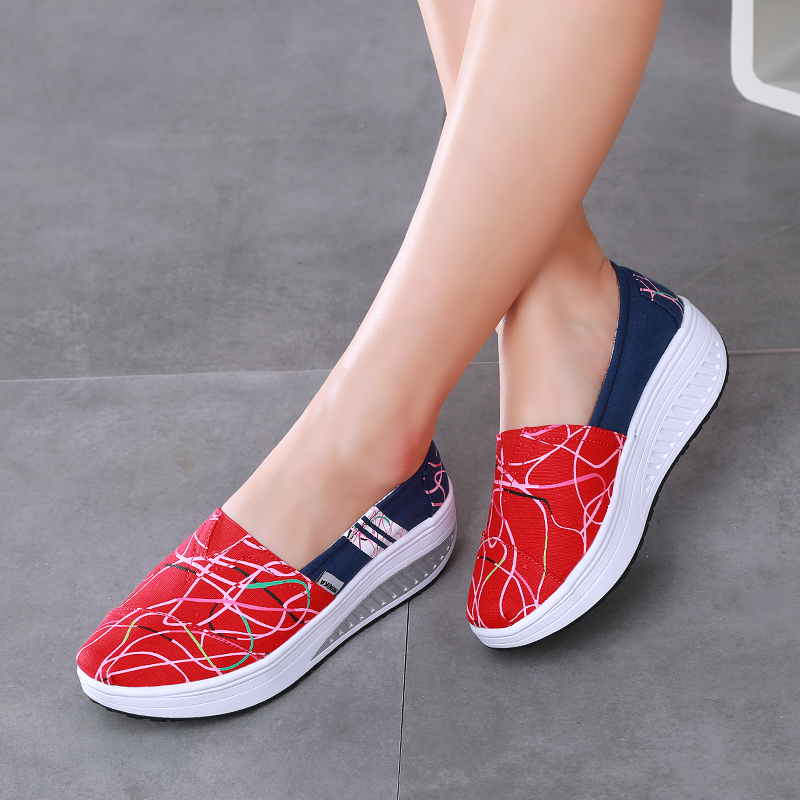 Women Breathable Canvas Shoes Slip On Summer Platforms Wedges Height Increasing Slimming Toning Walking Swing Shoes