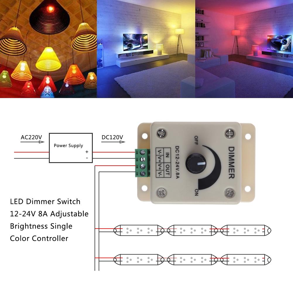 Regulador de intensidad LED de 12-24V 8A, controlador de brillo ajustable de un solo Color, controlador de tira de lámpara, fuente de alimentación, controlador de luz para el hogar