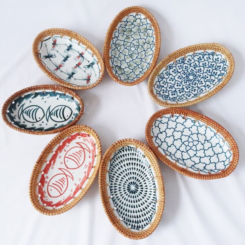 Hand Woven Rattan Blue &amp; White Porcelain Stitching Snack Plates and Sushi Plates