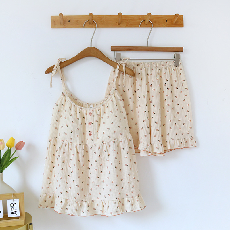 Japanese Summer Women's Pajama Set 100% Cotton Crepe Cloth Ladies Suspender+Shorts Two Piece Home Furnishing Set: XL / Beige
