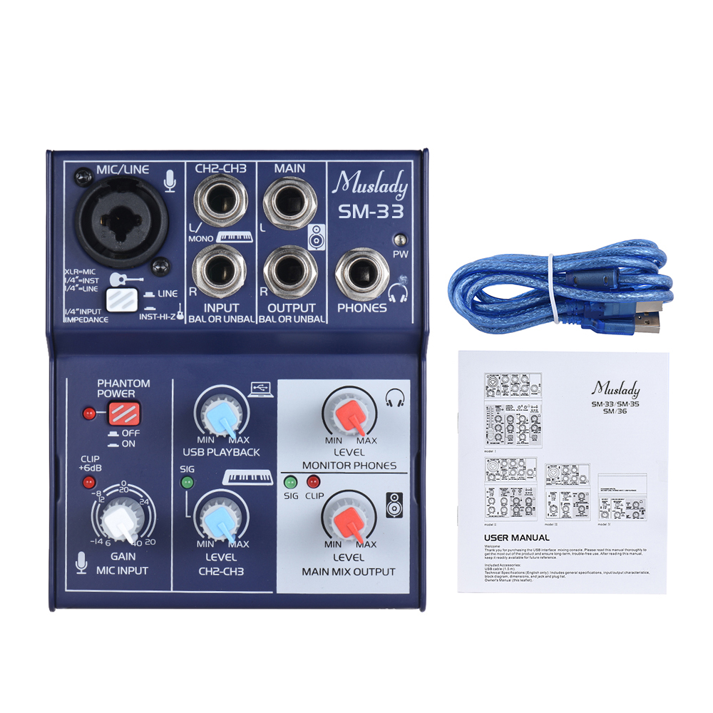 Muslady SM-33 Mini 3-Channel Sound Card Mixing Console Digital Audio Mixer Supports 5V Power Bank USB Power Supply