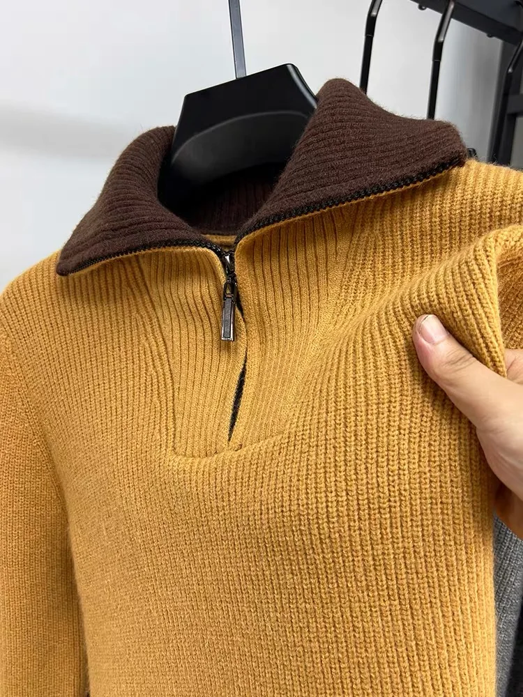 High-end mærke trend herre sweater med halv lynlås efterår vinter afslappet fortykket ensfarvet højhalset strikket pullover: Xxl / Orange
