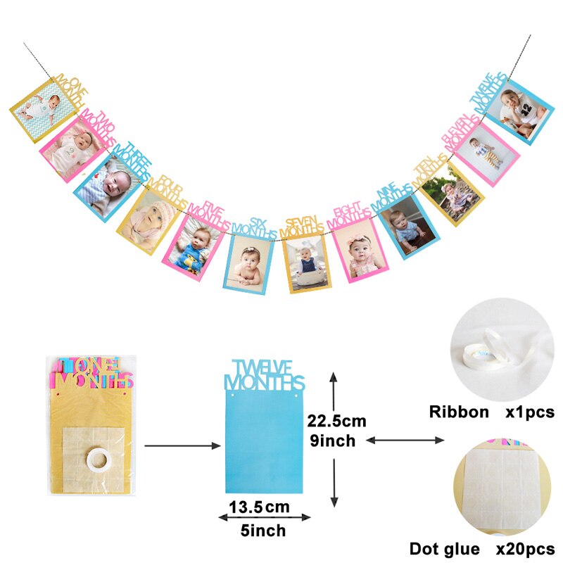 Happy Birthday Photo Frame Banner First Party Decorations 1st Baby Boy Girl My 1 One Year Paper Garland Supplies Blue 12 Months: Color mixing