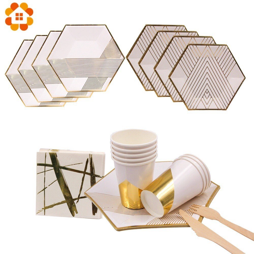 1 set vitguld marmor pappersmugg/tallrikar/servett rand engångsservis dukat bordsdekoration för bröllopsfesttillbehör