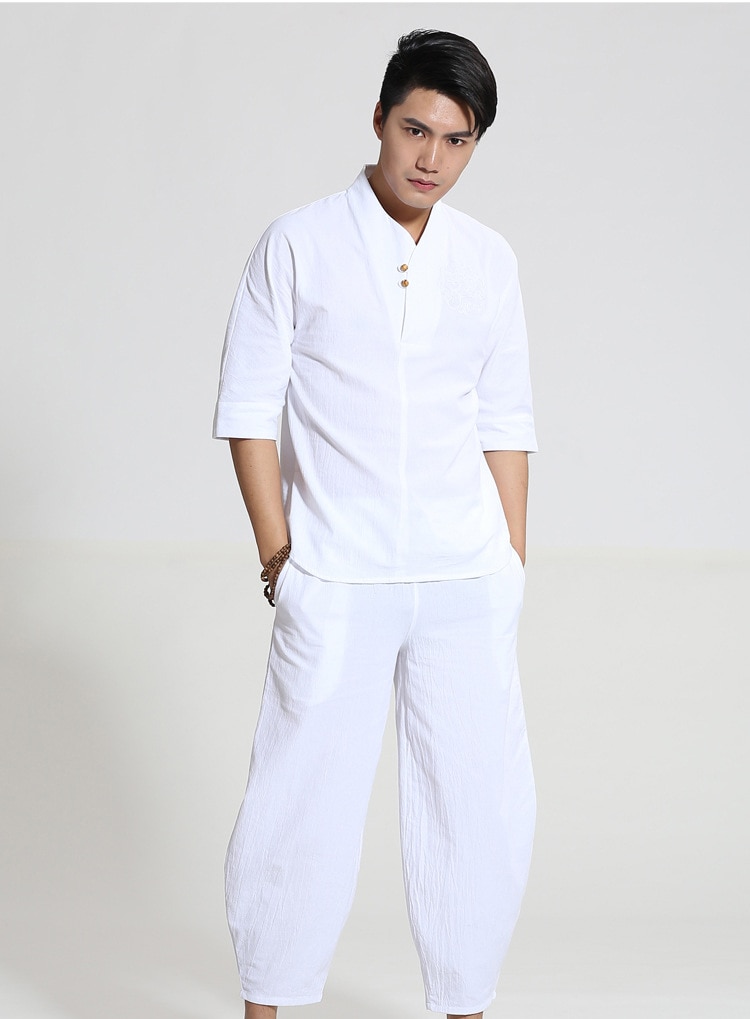 Stijl chinese mannen kungfu pak tai chi pak katoenen linnen overhemd & losse harembroek marineblauw ml xl xxl xxxl  m050