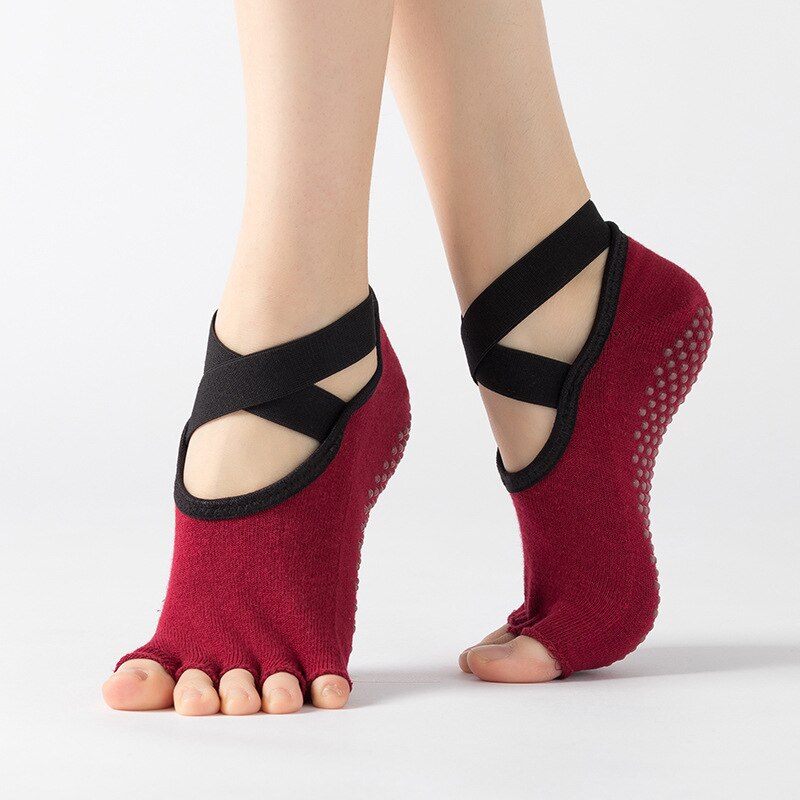 Yoga Sports GYM open Five Toe Separated Socks Massage Breathable Cotton Ballet Dance Dancing Socks for Women: wine red