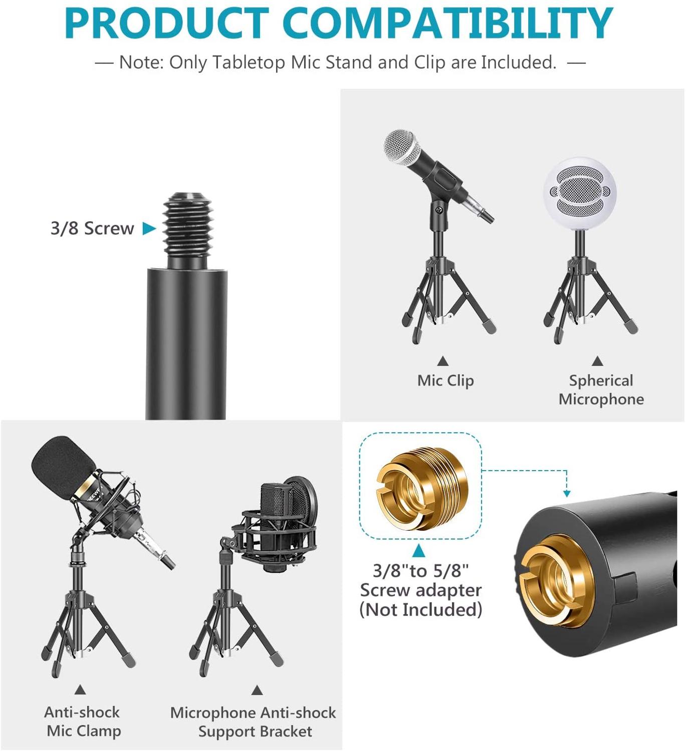 Mini Metal Foldable Desktop Tabletop Tripod Microphone Mic Stand with Mic Clip Holder, Durable Iron Construction, 3/8-inch and 5