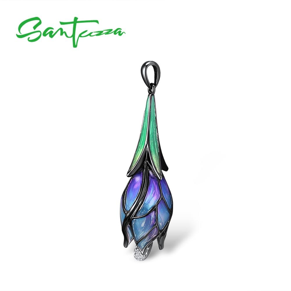 SANTUZZA Silber Anhänger für Frauen Reine 925 Sterling Silber Elegante Tropfen Lila Blume modisch schick Feine Schmuck HANDGEMACHTE Emaille
