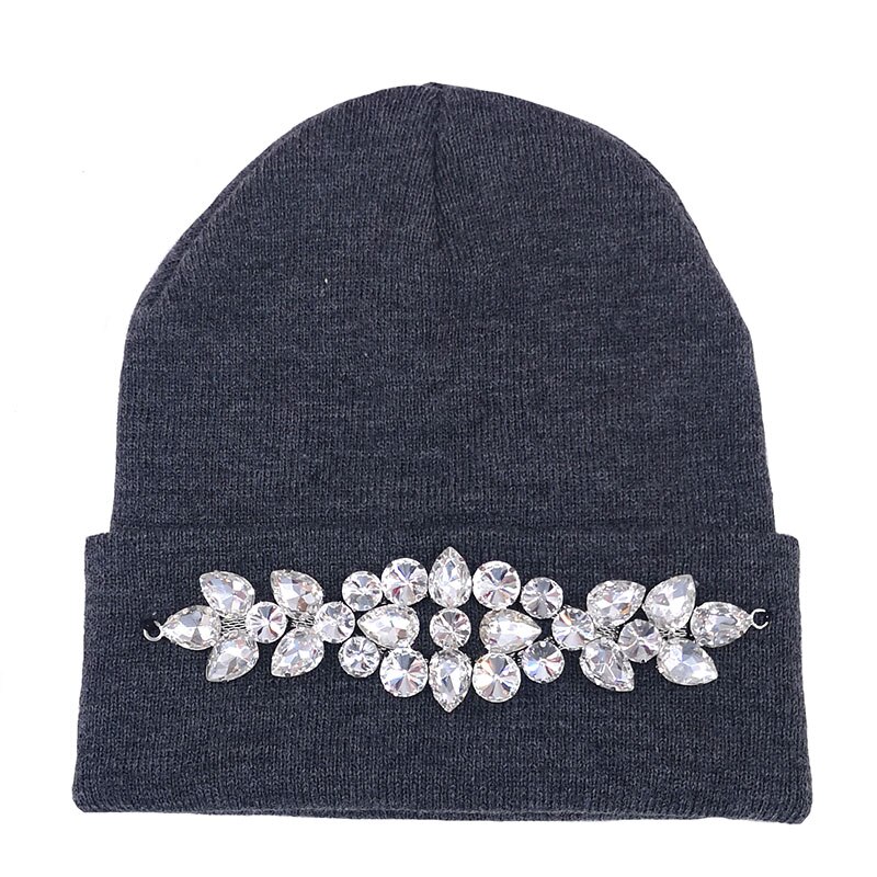 Vinter kvinder bomuld rhinestone beanies hatte damer elastiske strikkede beanies skullies hatte til femme varmt efterår motorhjelm ski caps: Mørkegrå