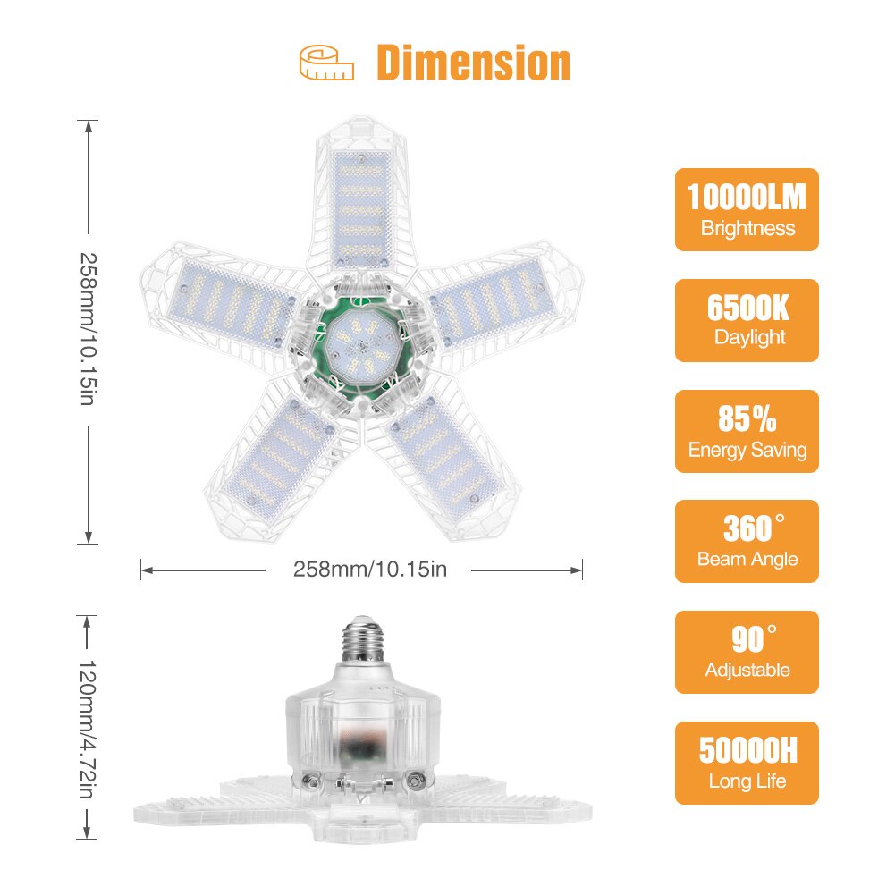 100w 180w LED Garage Light 5 Leaf Deformation Fan Ceiling Light E26 Industrial Lamp For Workshop Warehouse 85-265V