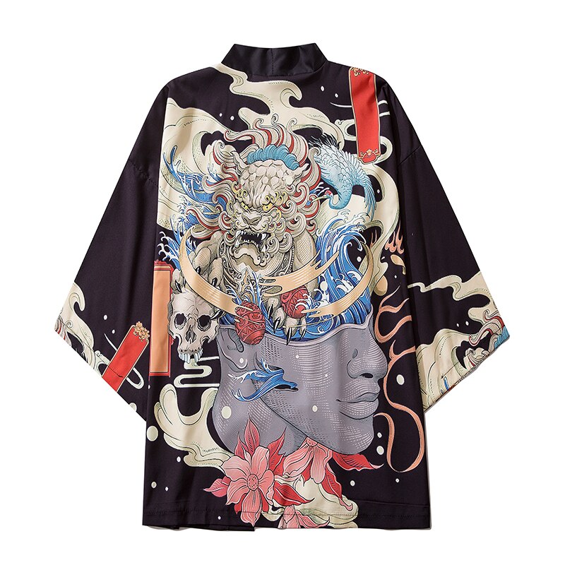 Aziatische Kleding Mannen Vrouwen Vest Blouse Top Streetwear Japanse Stijl Yukata Harajuku Kimono Cosplay Zwart Haori Obi: L