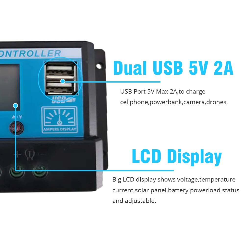 20A solar charge controller regulator pwm 2 usb max 2A LCD display for solar system lithium battery charging control parameters