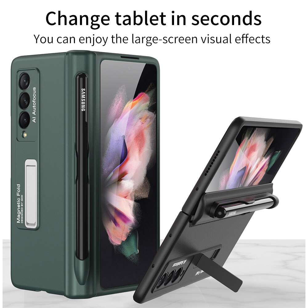 Magnetische Kickstand Pen Slot Telefoon Case Voor Samsung Galaxy Z Fold3 Vouw 3 5G Magnetische Fold Scharnier Case Armor shockproof Hard Cover