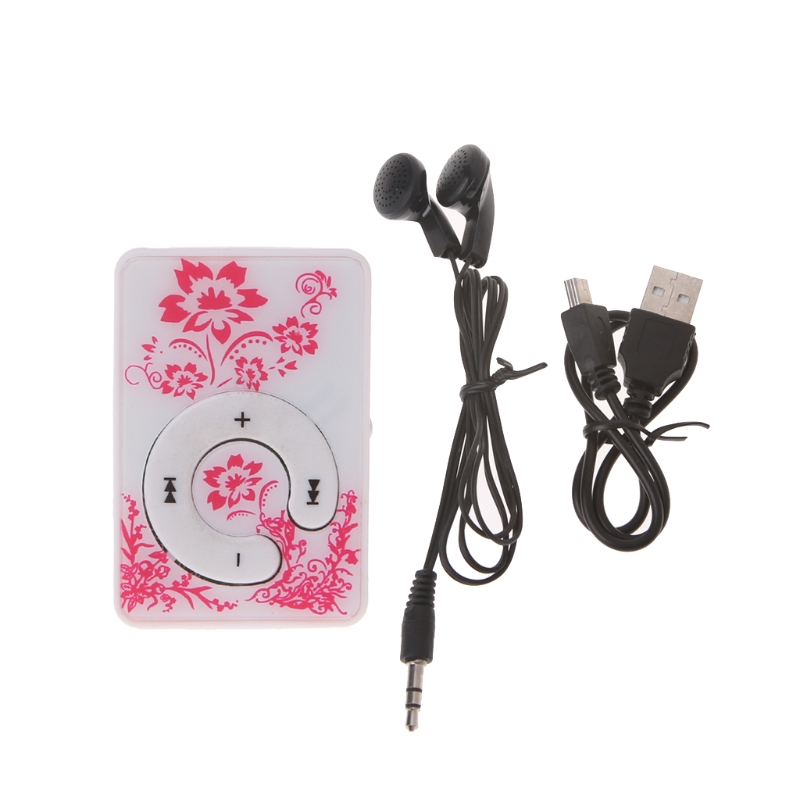 Chinese style Floral Pattern Mini Clip Music MP3 Player With Earphone USB Cable: Pink