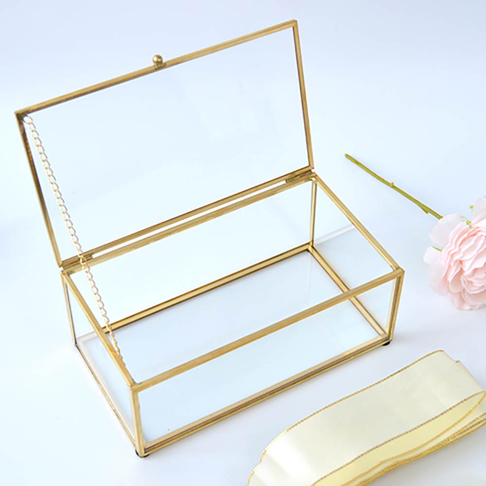 Open Lid Jewelry Ring Box Glass Jewelry Box Rectangular Transparent Small Jewelry Storage Box With Golden Rim And Lid