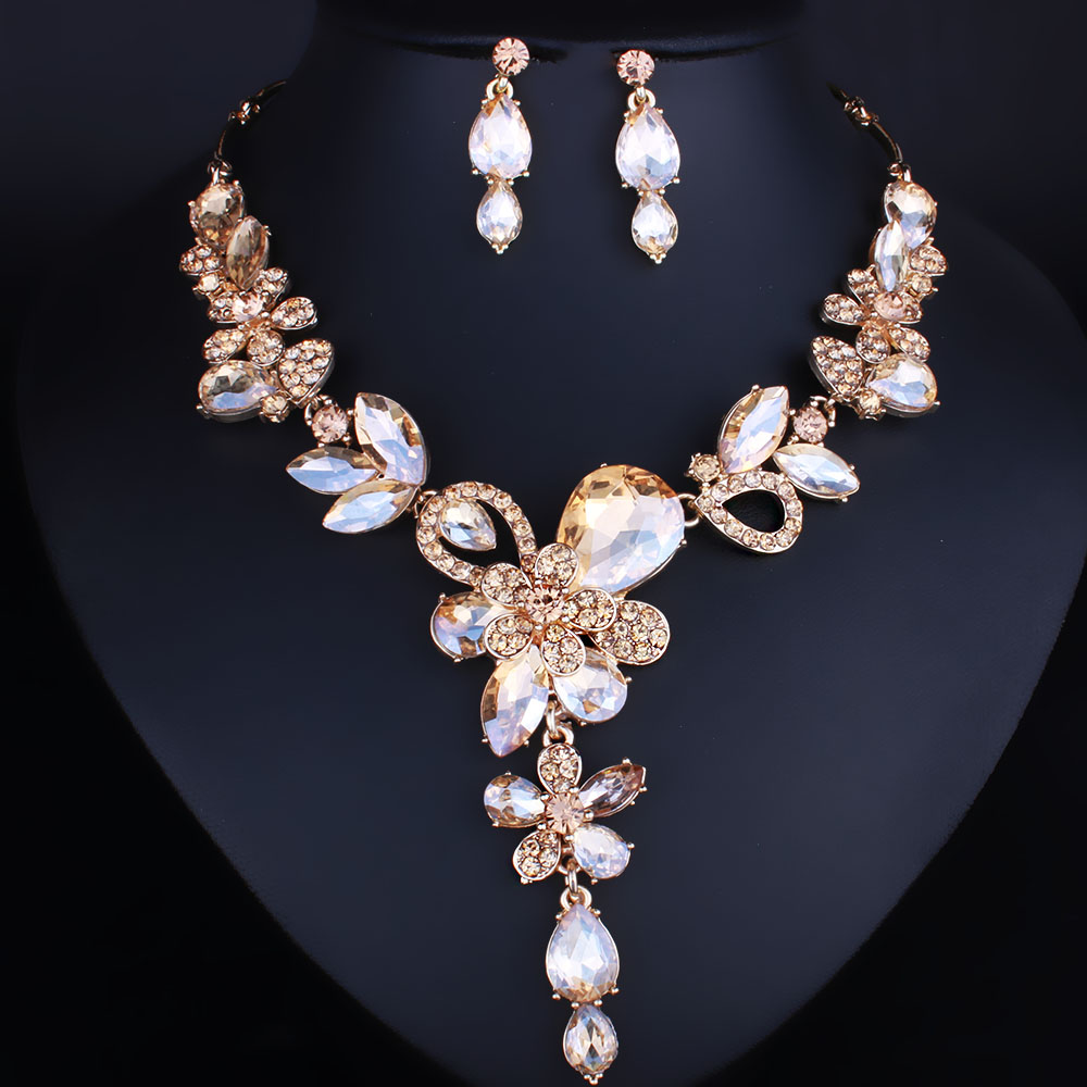 Jewelry Silver plated Crystal Rhinestones Necklace and Earrings set Women Bridal Wedding Jewelry sets