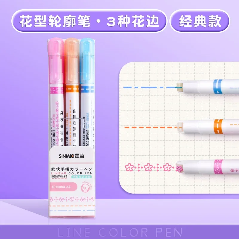 3/6 stks/set Kawaii Bloemen Lijnvormige Markeerstiften Roller Tip Curve Liner Marker voor Schrijven Journaling Tekening briefpapier: WHITE
