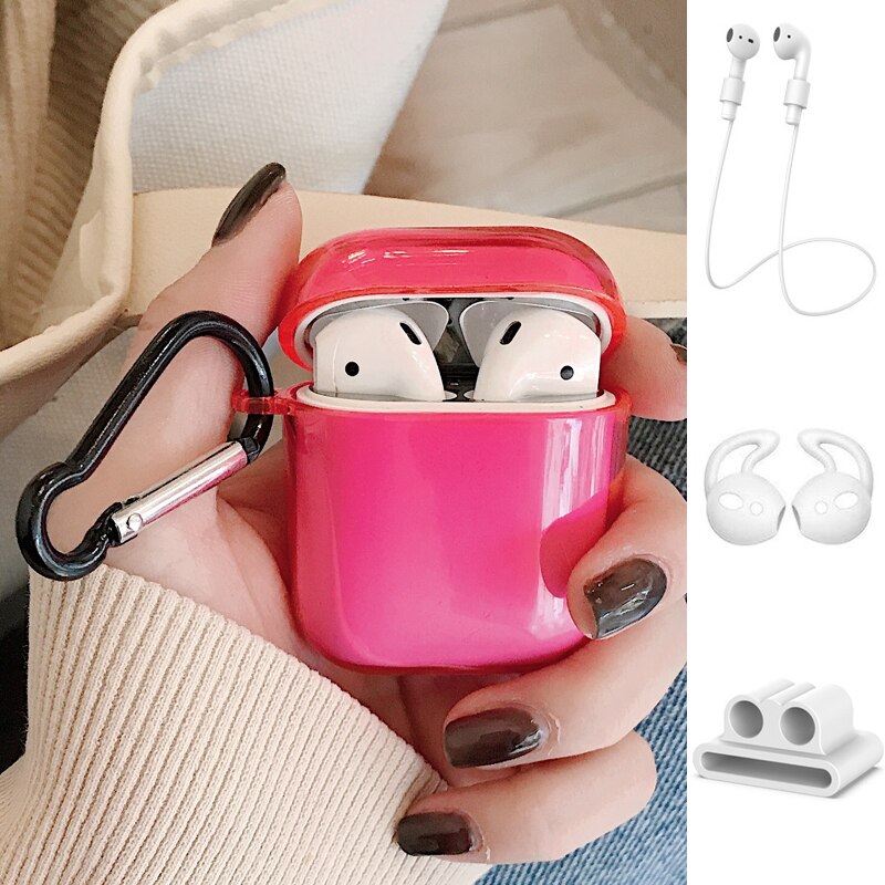 2/5PSC clear case for airpods case cute protective cover for airpods 2 with earplug Anti-lost rope sport case for airpods 2 case: Set B Rose