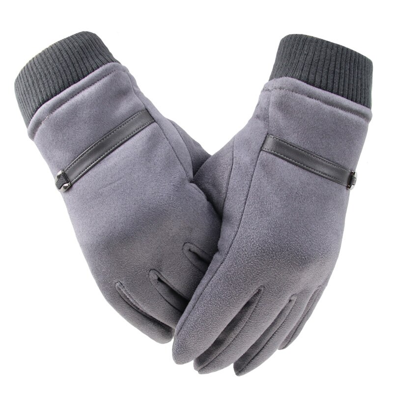 Ruskind mænd handsker berøringsskærm vinter varm vindtæt tykkere koral fleece guantes anti slip kørsel udendørs mandlige handsker læder: Grå