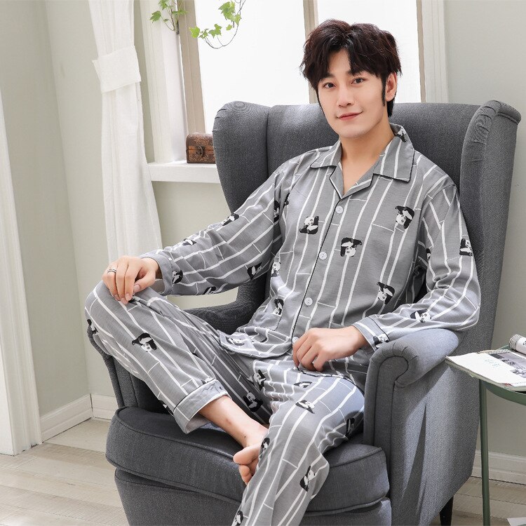 Conjunto de pijamas para hombre, ropa de casa de algodón con estampado a cuadros de doble cara, pantalones de manga larga, ropa informal para exteriores para jóvenes de mediana edad