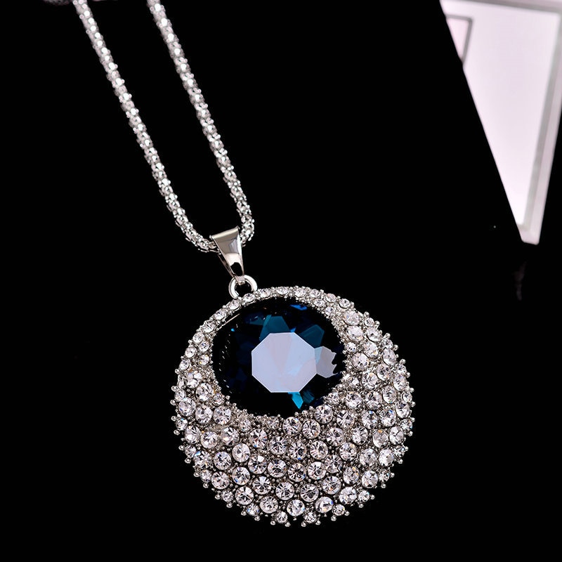 Vintage Blue Crystal Long Necklace Women Bijoux Jewelry Necklaces & Pendants Classic Ethnic Style