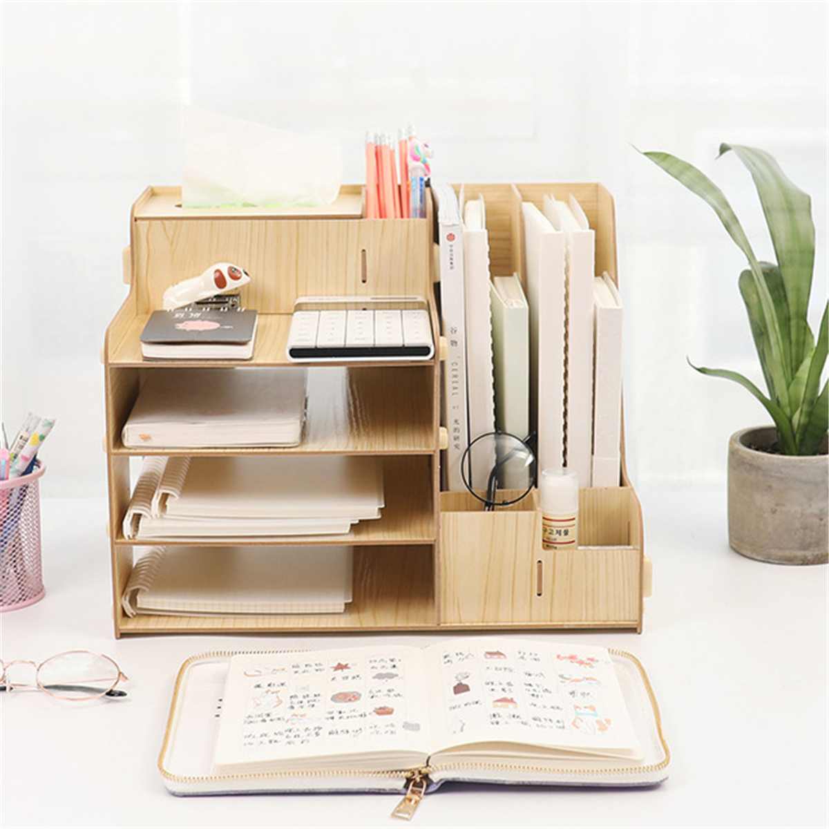 Multifunctional Desktop Office Organizer Storage Box Pen Pencil Box Jewelry Makeup Holder Stationery Brown Office Storage Rack